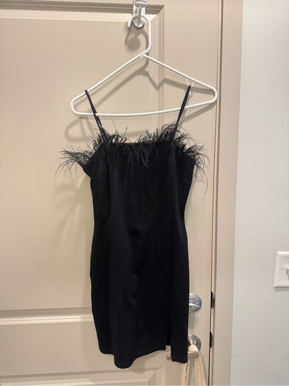 Lulu's Black Feather-Trim Spaghetti Strap Mini Dress